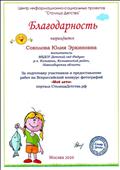 Благодарность за подготовку участников и предоставление работ на всероссийский конкурс фотографии "Моё лето", портал СтолицаДетства.рф, Москва 2020